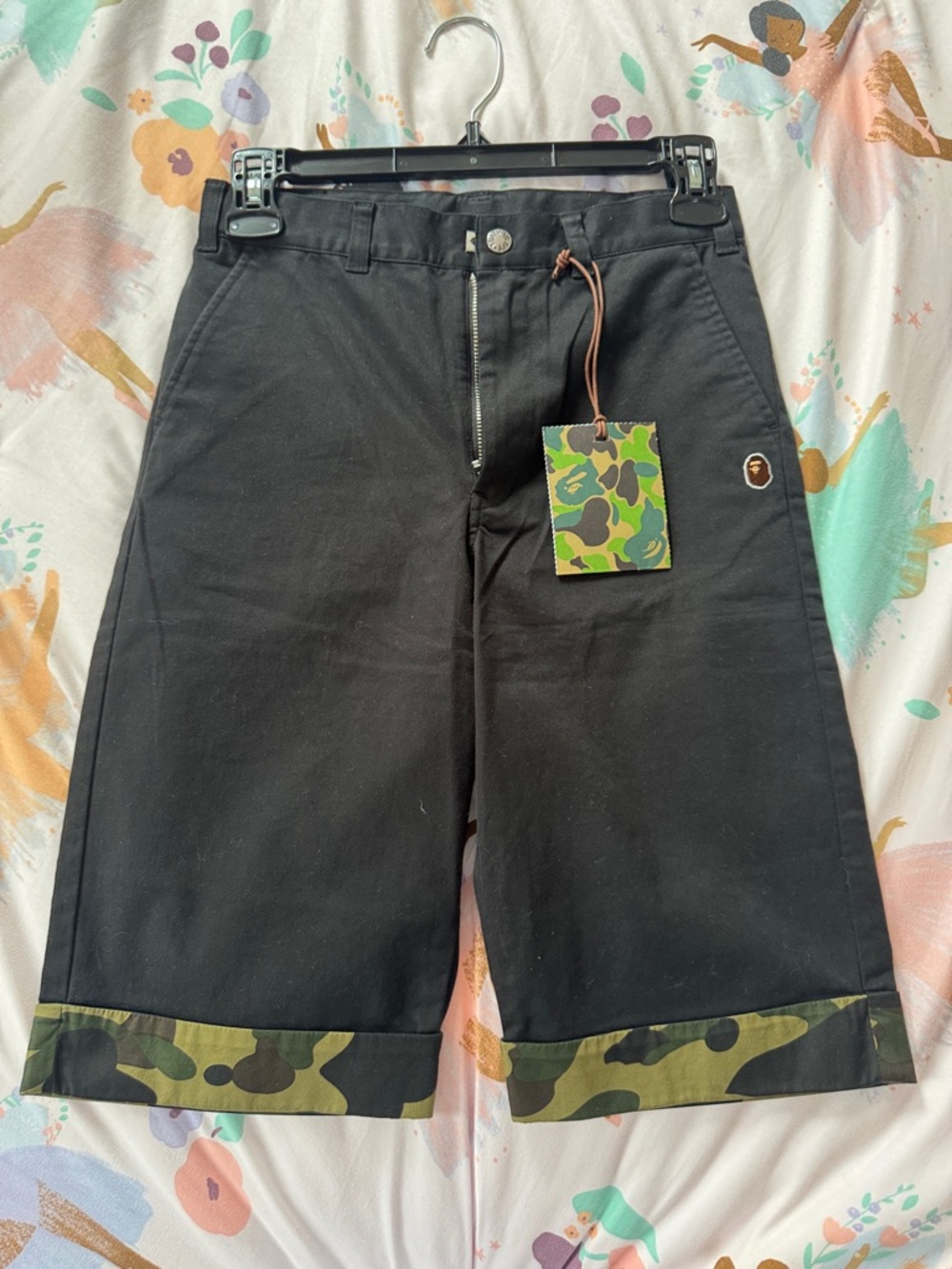 Bape Black Shorts with Green Camo Trim